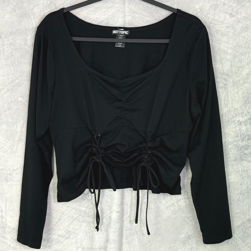 Hot‎ Topic Black Ruched Tie Front Long Sleeve Cropped Top Sz 2 whimsigoth goth
